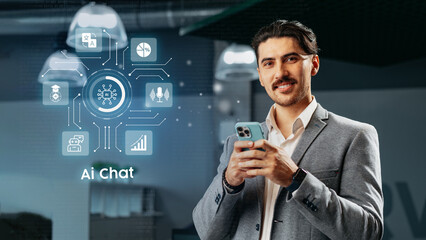Poster - Professional man engaging with AI technology in a modern office environment