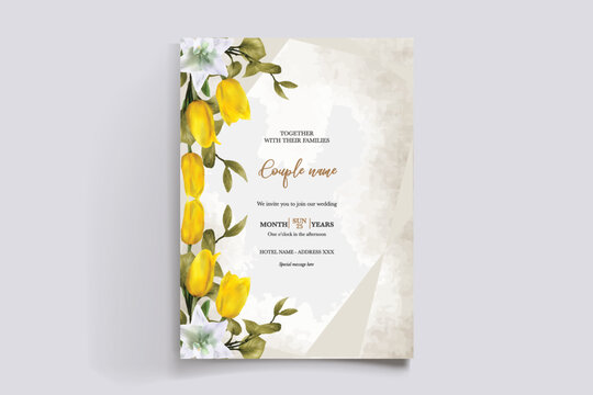 WEDDING INVITATION FRAME WITH FLOWER DECORATIONS AND FRESH LEAVES