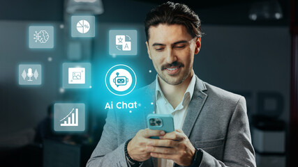 Poster - Professional man using smartphone for AI chat in modern office setting with technology icons