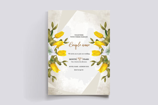 WEDDING INVITATION FRAME WITH FLOWER DECORATIONS AND FRESH LEAVES