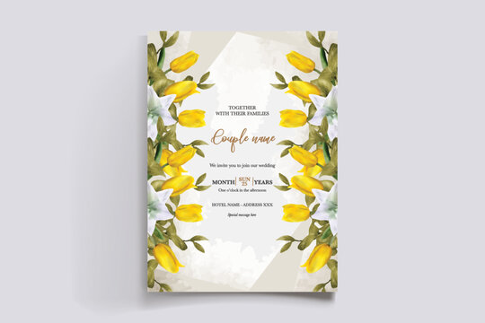 WEDDING INVITATION FRAME WITH FLOWER DECORATIONS AND FRESH LEAVES