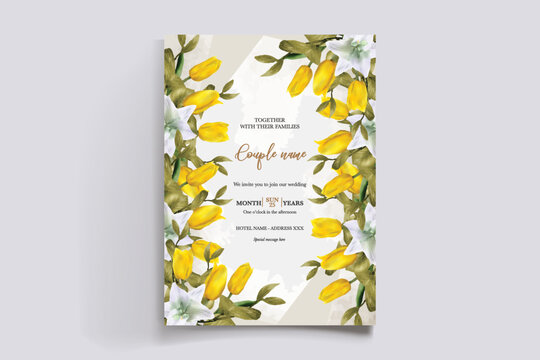WEDDING INVITATION FRAME WITH FLOWER DECORATIONS AND FRESH LEAVES