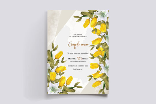 WEDDING INVITATION FRAME WITH FLOWER DECORATIONS AND FRESH LEAVES