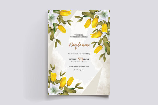 WEDDING INVITATION FRAME WITH FLOWER DECORATIONS AND FRESH LEAVES