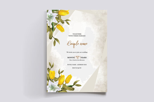 WEDDING INVITATION FRAME WITH FLOWER DECORATIONS AND FRESH LEAVES
