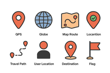 Poster - Navigation icon set vector illustration: gps, globe, map route, location markers for digital interface