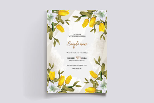 WEDDING INVITATION FRAME WITH FLOWER DECORATIONS AND FRESH LEAVES