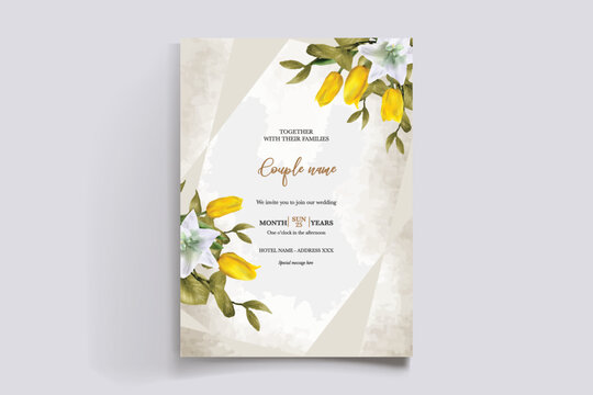 WEDDING INVITATION FRAME WITH FLOWER DECORATIONS AND FRESH LEAVES