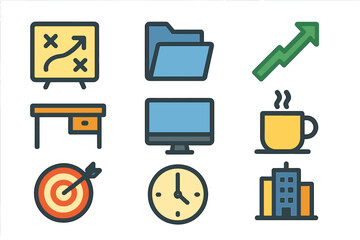 Poster - Business and office strategy vector illustration with icons for productivity and success, flat design for web and print