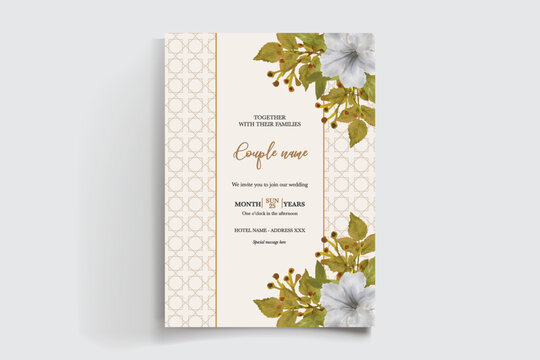 WEDDING INVITATION FRAME WITH FLOWER DECORATIONS AND FRESH LEAVES