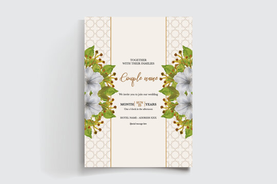 WEDDING INVITATION FRAME WITH FLOWER DECORATIONS AND FRESH LEAVES