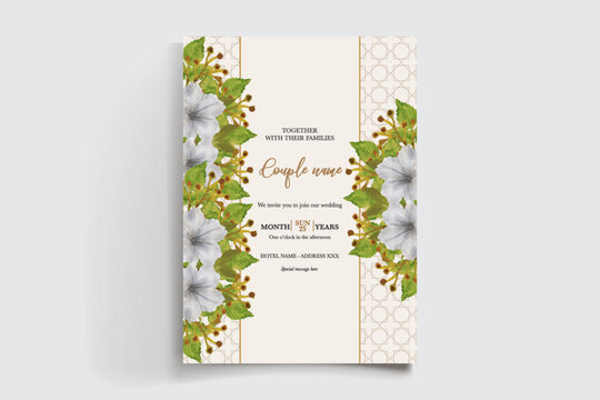 WEDDING INVITATION FRAME WITH FLOWER DECORATIONS AND FRESH LEAVES