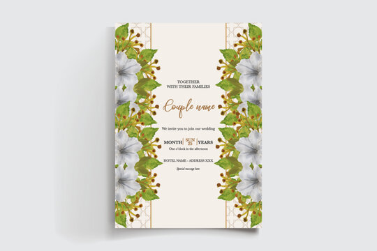 WEDDING INVITATION FRAME WITH FLOWER DECORATIONS AND FRESH LEAVES