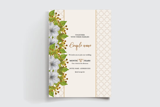 WEDDING INVITATION FRAME WITH FLOWER DECORATIONS AND FRESH LEAVES