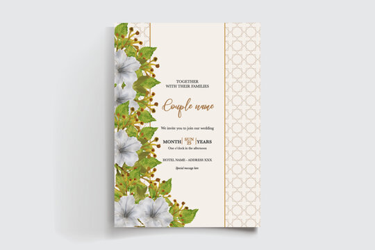 WEDDING INVITATION FRAME WITH FLOWER DECORATIONS AND FRESH LEAVES