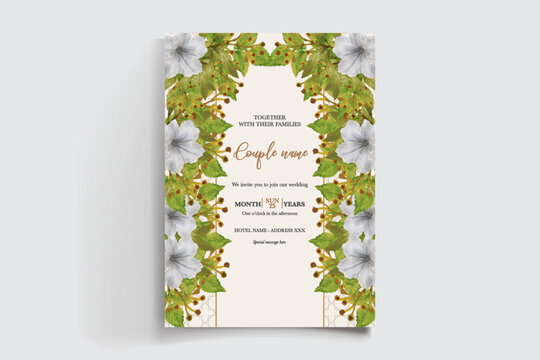 WEDDING INVITATION FRAME WITH FLOWER DECORATIONS AND FRESH LEAVES