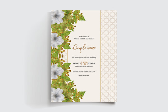 WEDDING INVITATION FRAME WITH FLOWER DECORATIONS AND FRESH LEAVES