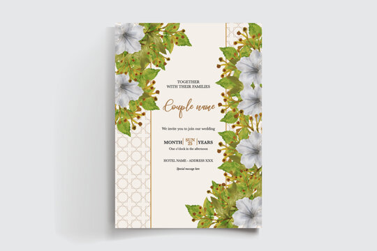 WEDDING INVITATION FRAME WITH FLOWER DECORATIONS AND FRESH LEAVES