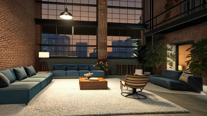 Poster - Explore a stylish loft featuring contemporary furnishings, warm lighting, and a relaxing atmosphere during the evening hour