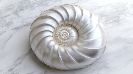 Polished pearly nautilus shell on marble surface.