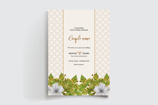 WEDDING INVITATION FRAME WITH FLOWER DECORATIONS AND FRESH LEAVES