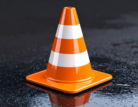 Orange and White Traffic Cone on Wet Dark Surface