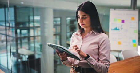 Poster - Business, planning and woman in office, tablet and check investment proposal with digital app. Person, employee or financial advisor in workplace, tech or internet with stock market or online reading