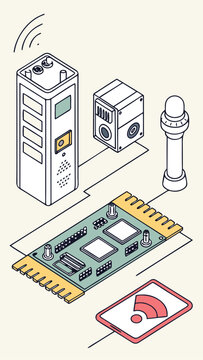 Vector illustration of newspaper and money with business and electronic elements in isometric style