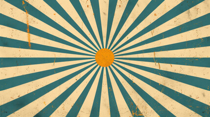 Poster - Abstract sunbeam pattern with central yellow circle, featuring alternating blue and beige rays. design has vintage feel with textured background, evoking sense of warmth and nostalgia