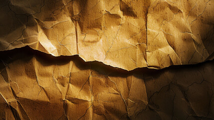  - Crumpled paper texture with warm golden tones and intricate wrinkles, creating visually appealing abstract background that evokes sense of depth and warmth