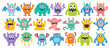 © Ishika - Cute monsters cartoon vector set. Funny colorful Halloween creatures, spooky character collection