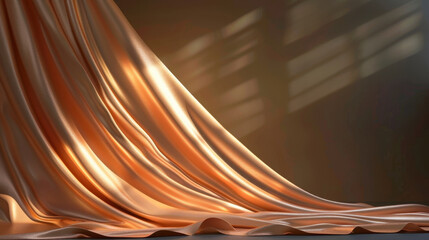 Poster - Beautiful blush fabric drapes elegantly, highlighted by soft sunbeams creating serene atmosphere. smooth texture and gentle waves evoke sense of calm and sophistication