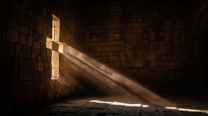 Poster - Beautiful scene of sunlight streaming through cross shaped window, illuminating stone walled room with serene atmosphere. interplay of light and shadow creates peaceful ambiance