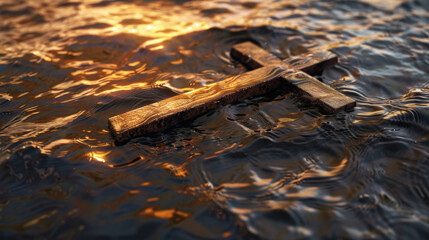 Poster - Wooden cross floats gently on shimmering water, reflecting warm sunlight. scene evokes sense of peace and spirituality, with rippling waves enhancing tranquil atmosphere