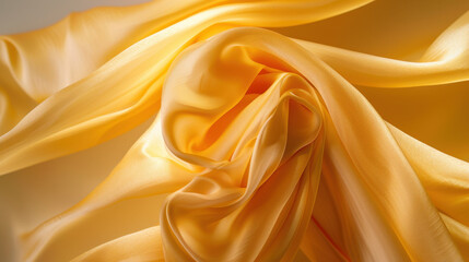 Poster - Luxurious yellow silk fabric twisting midair, showcasing its smooth texture and soft shadows, creating elegant and vibrant visual appeal