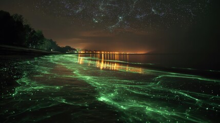 Poster - Bioluminescent algae trails in dark water mimicking cosmic constellations. Long exposure with deep emerald glow points
