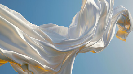 Poster - Bright white fabric flows gracefully in air against clear blue sky, creating serene and uplifting atmosphere. soft texture and movement evoke sense of calm and elegance