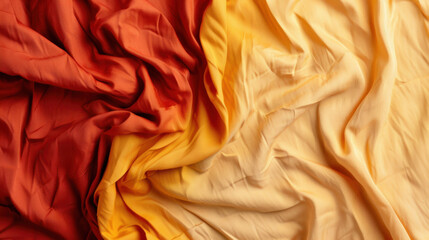 Poster - Soft, wrinkled fabric in warm shades of red, orange, and yellow creates vibrant and inviting atmosphere. gentle folds and textures add depth and character to material