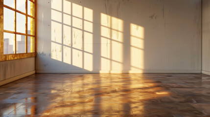 Poster - Clean, empty room with smooth surfaces illuminated by soft morning light, casting long shadows from large windows, creating serene and tranquil atmosphere