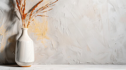 Poster - Minimalist white vase with dried grass stands against textured light gray wall, creating serene and elegant atmosphere. subtle shadows enhance simplicity and beauty of arrangement