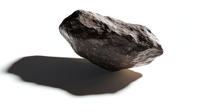A dark, rough-textured rock hovers slightly above a surface, casting a dramatic shadow against a stark white background