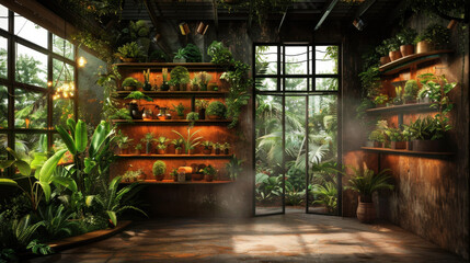 Poster - Cozy plantscape in sunny corner of modern home, featuring lush greenery and vibrant plants on wooden shelves. warm atmosphere invites relaxation and connection with nature