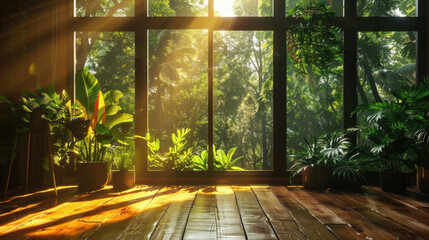 Poster - Serene indoor plantscape filled with lush greenery, sunlight streaming through large windows, creating warm and inviting atmosphere. wooden floor complements vibrant plants, enhancing tranquil