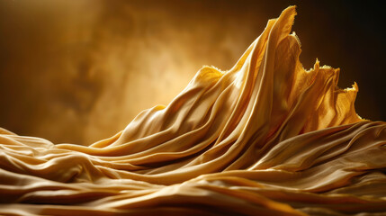 Poster - Elegant fabric waves in soft wind and glowing sunshine create stunning visual display. rich golden hues evoke warmth and luxury, perfect for various design applications