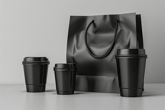Set of Black Paper Shopping Bag and Coffee Cups on Grey Background 3D Rendering