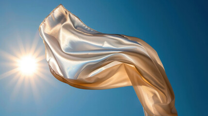 Poster - Fresh, flowing silk fabric dances midair under bright sun, creating stunning visual effect with its soft texture and luminous sheen. scene evokes sense of tranquility and elegance