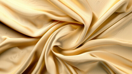 Poster - Luxurious golden fabric draping elegantly, showcasing smooth texture and soft sheen. This beautiful material is perfect for various design projects, evoking sense of warmth and sophistication