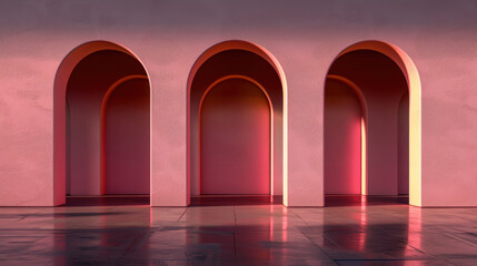  - Serene architectural scene featuring three arched openings against soft pastel backdrop, creating warm and inviting atmosphere. interplay of light and shadow enhances beauty of design