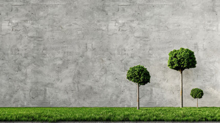 Poster - Neatly arranged lawn with small trees and textured concrete wall creates serene outdoor space. vibrant greenery contrasts beautifully with gray background, evoking tranquility