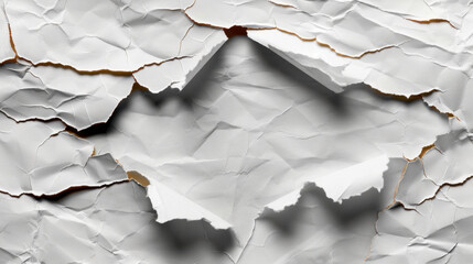 Poster - Crumpled white paper with torn edges creates intriguing texture and depth, inviting creativity and imagination. light shadows enhance visual appeal of this unique background